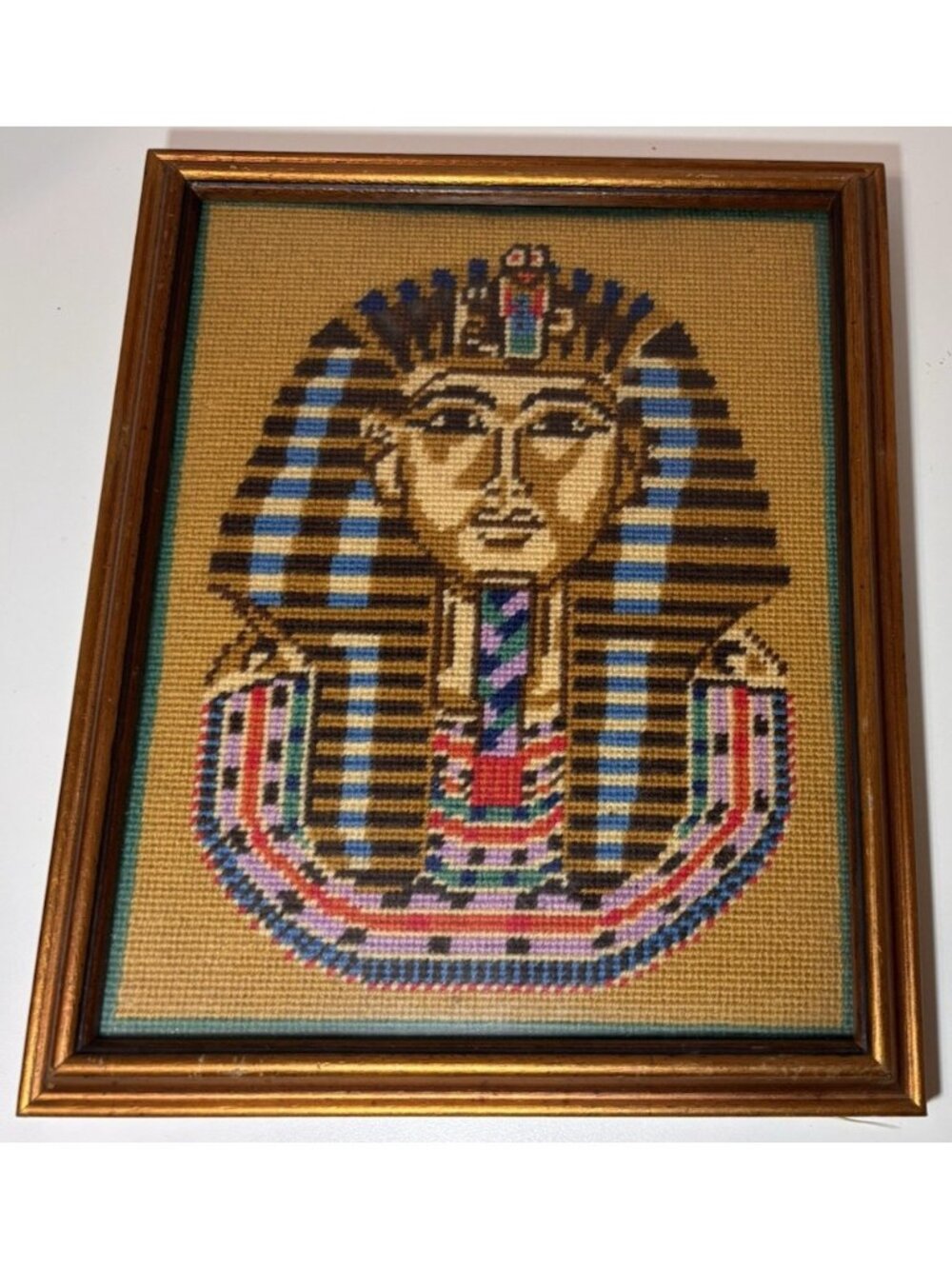 Vintage Framed King Tutankhamun Needlepoint Completed 9 x8” Egyptian Art